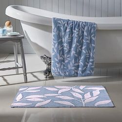 Dreams & Drapes Blue Leaf Bath Mat (50 x 80cm) - 100% Cotton - Soft Touch - Blue Absorbent - Botanical Floral - Non Slip