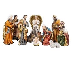 Misterio Clasico de 11 Piezas con Reyes, Pastor y Animales de Resina Pintado a Mano Tonos Metalizados 26 cm