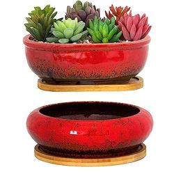 ARTKETTY Vasi per piante grasse, vasi in ceramica per piante grasse con vassoio di drenaggio in bambù, 1 vaso da fiori rettangolare + 1 vaso rotondo per cactus bonsai da interno (rosso)