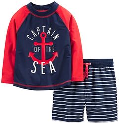 Simple Joys by Carter's Baby Boys' Swimsuit Trunk and Rashguard Set Rash Guard, Navy Red Anchor/White Stripes, 12 Months