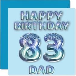 83e verjaardagskaart voor papa - blauwe glitter feestballonnen - gelukkige verjaardagskaarten voor 83-jarige vader vader van zoon dochter, 145 mm x 145 mm verjaardagskaarten cadeau