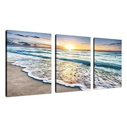 Aihifly Tableau décoratif pour la maison - Motif coucher de soleil - Sable - Océan - Vague - 3 panneaux - Décoration d'intérieur