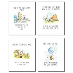 BigWig Prints Winnie de Poeh muurkunst. klassieke kinderkamerdecoratie, vriendschapscitaten, foto's, slaapkamer speelkamer, citaten afdrukken, inspirerende gezegden, 4 stuks (8 x 10)