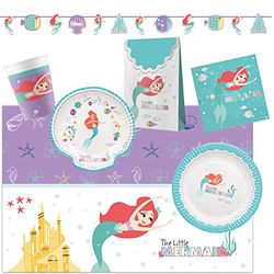 Procos Disney Ariel Under The Sea, premium set, metallic look, zeemeermin, borden, bekers, servetten, tafelkleed, feestzakken, kinderverjaardag, barbecuefeest, themafeest.