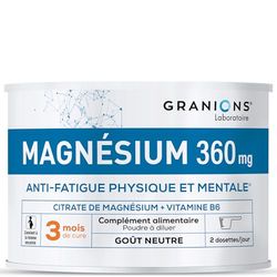 GRANIONS - Magnesium Citrate - Poudre à diluer Magnésium + Vitamine B6 - Citrate de Magnesium - Cure Magnesium Citrate - 3 mois - Magnesium Vegan - Goût neutre - 2 doses/jour - 210 g