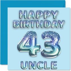 Tarjeta de cumpleaños número 43 para tío, globos de fiesta con purpurina azul, tarjetas de feliz cumpleaños para tío de 43 años de sobrino sobrino, tarjetas de felicitación de cumpleaños de 145 mm x