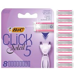 BIC Click 5 Soleil Lamette di Ricambio Rasoio da Donna, 5 Lame e Banda con Aloe Vera Idratante, Confezione da 8 Ricariche