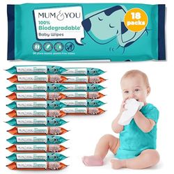 Mum & You Biodegradable Baby Wipes Multipack, 1008 Wet Wipes (18 Packs) | 99.4% Water based Wipes | Plastic Free and Eco Friendly Wipes | Recyclable Packaging | Suitable for Newborn Sensitive Skin