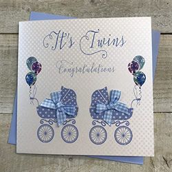 witte katoenen kaarten Het is Gefeliciteerd 'Handgemaakte Nieuwe Baby Twins Card (Blauwe kinderwagen)