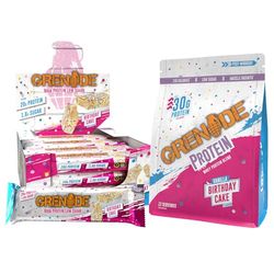Grenade High Protein, Low Sugar Birthday Cake Bundle - Birthday Cake Protein Bars, 12 x 60 g & Whey Protein Powder, 480 g