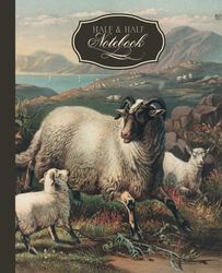 Half & Half Notebook: Half Blank and Half College Ruled Pages with a Vintage Sheep Illustration Cover