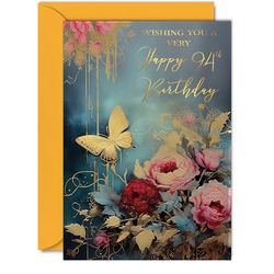 Beautiful Gold 94th Birthday Cards for Women Men - Wonderful Golden Butterfly - Elegant Traditional Pretty Birthday Card for 94 Year Old Woman Man Her Him, A5 Gorgeous Greeting Cards Gift
