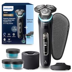 Philips Shaver S9000 - Rasoio elettrico Wet & Dry uomo, tecnologia Lift & Cut e SkinIQ, rifinitore a scomparsa, custodia per la pulizia, supporto di ricarica e custodia da viaggio (modello S9976/63)