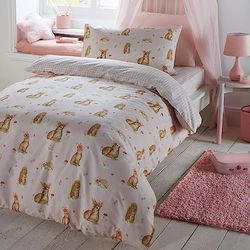 Bedlam – påslakan med rosa skogsdjur – sängkläder för enkelsäng (200 x 140 cm) – vändbart (2 mönster) – rosa rutigt påslakan – rosa sängkläder med rådjur, igelkott och ekorre – skogssängkläder