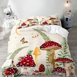 VIVIHOME Parure de lit 3 pièces avec Housse de Couette Motif Champignon Rouge, Beige, Motif Lune, étoile, Papillon, Escargot, Fleur, Champignon, Plante Verte, botanique bohème, esthétique et 2 taies