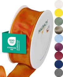 Halbach Seidenbänder Cinta de regalo premium con borde de alambre, ancho de 40 mm, longitud 25 m, cinta de tafetán certificada Öko-Tex 100, fabricada en Alemania, color: naranja oscuro