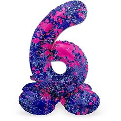 Folat 64776 Birthday Balloon Standing Number 6 Paint Splash Purple Space 41 cm Decoration Birthday Decoration Balloon Number No Helium Required Colourful