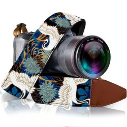 Art Tribute Camera Strap Blue Crane Gold Foil Style Vintage for All DSLR Camera. Embroidered Elegant Universal Neck & Shoulder Strap, Floral Pattern for Men & Women Photographers