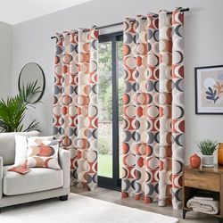 Fusion - Cortinas Circulares Retro de Color Naranja especiado, 46 x 54 (117 x 137 cm), 2 Paneles, 100% algodón, Cortinas geométricas con Ojales en Terracota, Cortinas de Media Luna para Dormitorio