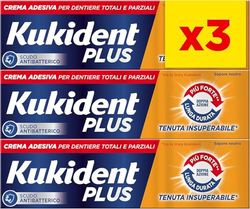 Kukident Plus Crème adhésive double action, crème adhésive pour prothèses dentaires totales et partielles, 3 paquets de 35 g, saveur menthe légère, longue durée