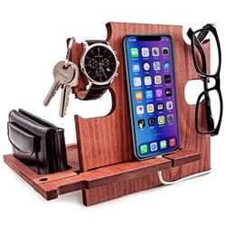 Docking Station in Legno Multifunzione: Organizer da Scrivania e Svuotatasche Design Moderno per Casa e Ufficio - Regalo Compleanno Uomo, Regalo Natale (Rosso scuro (mogano))