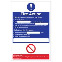 vsafety 12002bc-s Fire Action Sign, General Fire acción/teléfono, autoadhesivo, formato vertical, 300 mm x 400 mm, color azul/rojo
