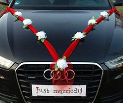 Organza M Auto Gioielli Sposa Coppia Rose Decorazione Organza M Matrimonio Car Wedding Decorazione Ghirlanda Auto (Bianco Puro/Rosso)