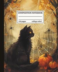Composition Notebook College Ruled: Vintage Black Cat Illustration | Halloween Journal For Back To School, Office, Work