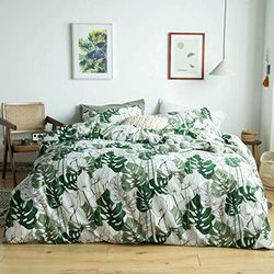 YuHeGuoJi Grönt tropiskt påslakan kung 100% bomull monstera löv mönster påslakan 3 st set 1 Hawaiian växt påslakan med dragkedja slipsar 2 örngott bondgård botaniskt bäddset mjukt