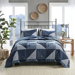 Woolrich Olsen Överkastset, 3-delat, bomull, stugstyling, vändbart till solid färg, lätt, för alla årstider, mysiga sängkläder, matchande örngott, överdimensionerat, dubbelsäng, geometrisk, blått