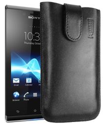 mumbi mobiltelefonfodral äkta läder med klaff och dra upp rem för Sony Xperia J svart