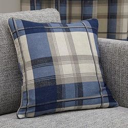 Fusion – blå tartan kudde (43 x 43) – 100% bomull – fyllning ingår – safirblå rutig kudde – blå kudde i pläd – mörkblå kuddar med överdrag ingår) / kuddinlägg
