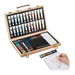 Relaxdays Valigetta con Kit Pittura e Disegno, 56 Accessori, Matite Gomma Temperino Colori Acrilici, Legno Naturale, unità