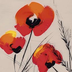 Tibi Hegyesi Drie Poppies - Grijs 40 x 40cm Canvas Prints, Polyester, Meerkleurig, 40x40x3.2 cm