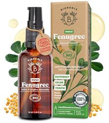 Bionoble Huile de Fenugrec Bio 50ml pour Grossir Poitrine et Fesses - Avec Pipette + Pompe - Bouteille en Verre - Macérât Huileux de Tournesol Sans Odeur - Huile Fenugrec Bio, Vegan et Naturelle
