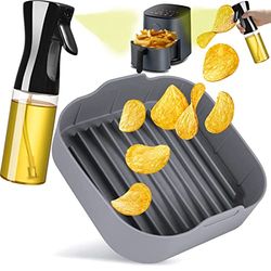 KKNE Stampo Silicone Friggitrice ad aria (+ Spruzzatore olio) Accessori cosori 5 5,5 L - Pentola quadrata air fryer contenitore Cesto facile da lavare - Drenaggio dell'olio 20 CM