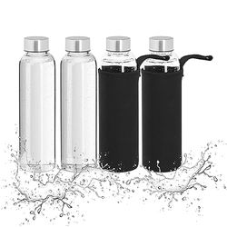 Relaxdays Vattenflaska set om 4, 500 ml, läckagesäker, glasflaska med fodral, H x D: ca 23,5 x 6,5 cm, transparent/svart