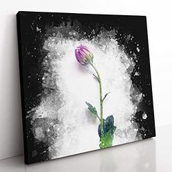 A Single Purple Flower Paint Splash Modern Canvas Wall Art Print Ready to Hang, Framed Picture for Living Room Bedroom Home Office Décor, 35x35 cm (14x14 Inch)