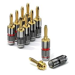 conecto Fiches bananes haut de gamme, pour tous les câbles d'enceintes d'un diamètre maximum de 6 mm², 8 pièces avec anneau de couleur, rouge/noir, fiches plaquées or 24 carats, noir, lot de 8
