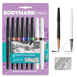 Bic BodyMark Collection Fine - Temporary Tattoo Markers, Cosmetic Quality for Use on Skin - Pack of 8 Assorted Colours, 6 Brush Tips and 2 Fine Tips and 3 Stencil Sheets - Pack of 8+3