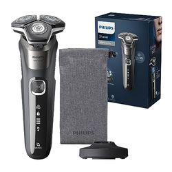 Philips Serie 5000 Afeitadora Eléctrica Hombre, Maquina de Afeitar Barba con Cortapatillas, Tecnologia SkinIQ, Inalambrica, Recargable, Base Carga y Funda, S5887/13, Negro Metal