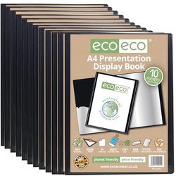 eco-eco A4 Size 50% Recycled 10 Pocket Black Presentation Display Book, Storage Case Portfolio Art Folder with Plastic Sleeves (Pack of 12 Books),Black,eco042x12