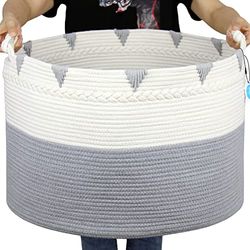 Casaphoria Large Blanket Basket 22"x16" Boho Woven Baskets for Pillows Cotton Rope Storage for Towel XXL Round Organizer Foldable Decorative Woven Hamper for livingroom Rope Hamper,Gray&Cream White