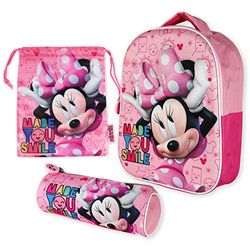 Mochila Infantil 3D, Estuche Escolar y Bolsa Merienda de Cuerdas Pack Diseño Colorido – Disney | Mochila Escolar Niña de 3 Años | Material Escolar Vuelta al Cole Minnie Mouse