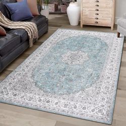 Auton Alfombra Suave, Alfombra Vintage Lavable para Dormitorio y Sala de Estar, Alfombra Antideslizante de Pelo bajo, Alfombra de Suelo para Interior para Comedor, Oficina, 140 x 200 cm, Azul