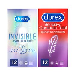 Durex Preservativos Super Finos Contacto Total para Mayor Sensibilidad, 12 condones + Durex Preservativos Invisible Extra Lubricado, Super Finos para Maximizar la Sensibilidad, 12 condones