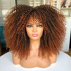 ANNIVIA Perruque afro bouclée de 40,6 cm pour femme avec frange en fibre synthétique sans colle cheveux longs bouclés emmêlés (brun ombré)