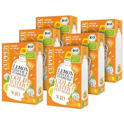 Cupper - Pack de 6 Cajas de 10 Bolsitas de Infusiones Ecológicas Frías con Limón, Jengibre y Cúrcuma - Propiedades Refrescantes y Digestivas - Contiene Citronella e Hibisco Blanco