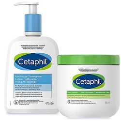 Cetaphil Crema Idratante Viso e Corpo, Senza Profumo, Formato 450g + Emulsione Detergente Viso e Corpo, Senza Profumo, Formato 470ml