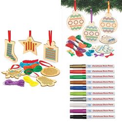 Baker Ross Christmas Wooden Decoration Cross Stitch Kits (Pack of 6) (AC505) and Christmas Bauble Wooden Threading Kits (Pack of 5) (FC175) and Christmas Multi-Purpose Deco Pens (Pack of 10) (FE832)
